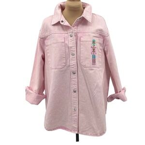 Bagatelle Collection Pink Denim Shirt Jacket Nutcracker Embroidery M‎